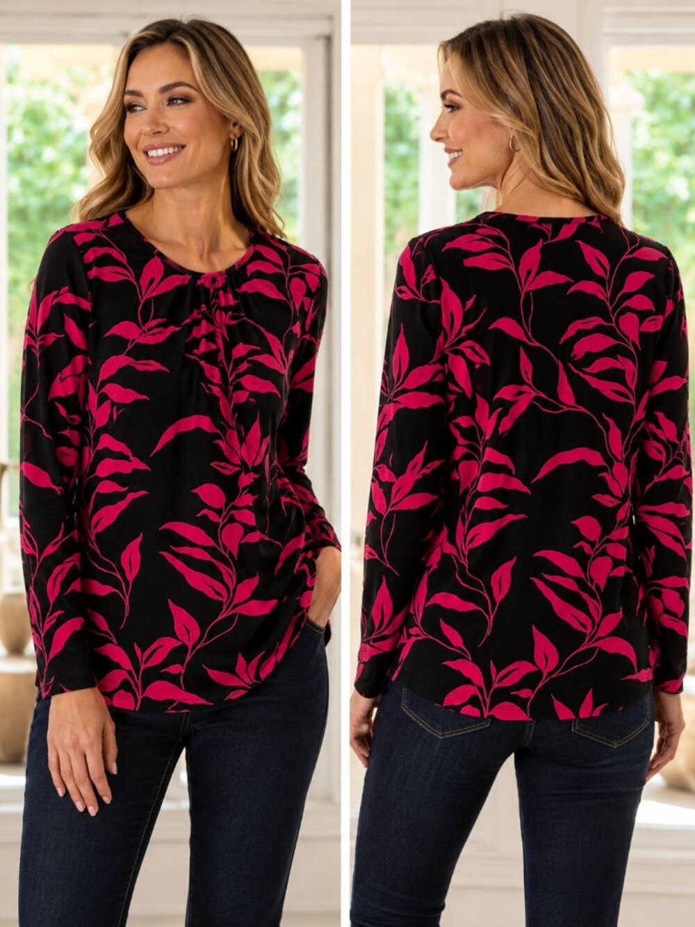 🌺 Susan Graver Black Pink Floral Botanical Long Sleeve Blouse S NIB